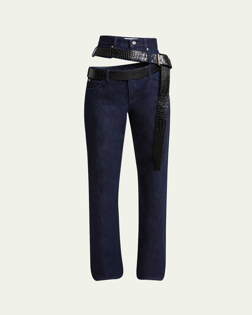 Cutout Leather Belted Jeans